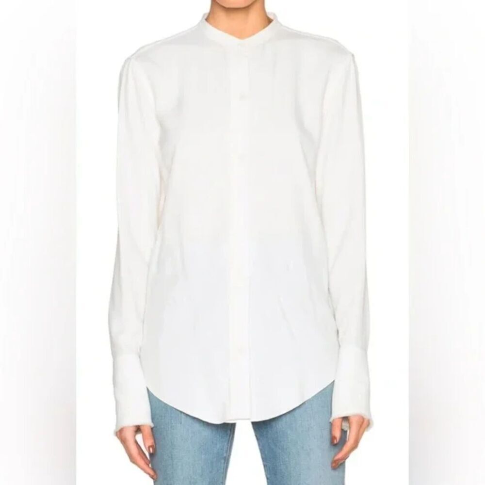 Helmut Lang White 100% Cotton Crepe Band Collar Open Back Tunic Blouse size XS